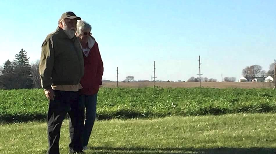 Elderly couple walking in a farm